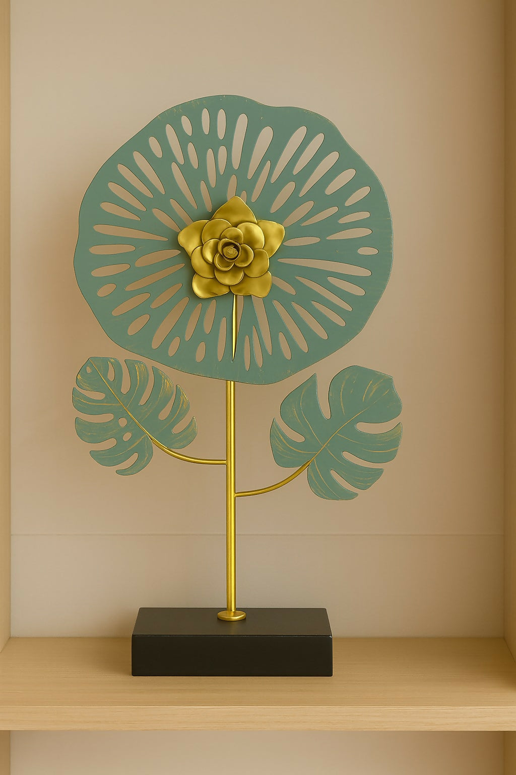 HOME DECOR Handcrafted Metal Flower Table Decor with Abstract Leaf Design – Golden Floral Art Sculpture on Black Base – Modern Home & Office Desktop Showpiece for Living Room, Hall, Reception & Gifting