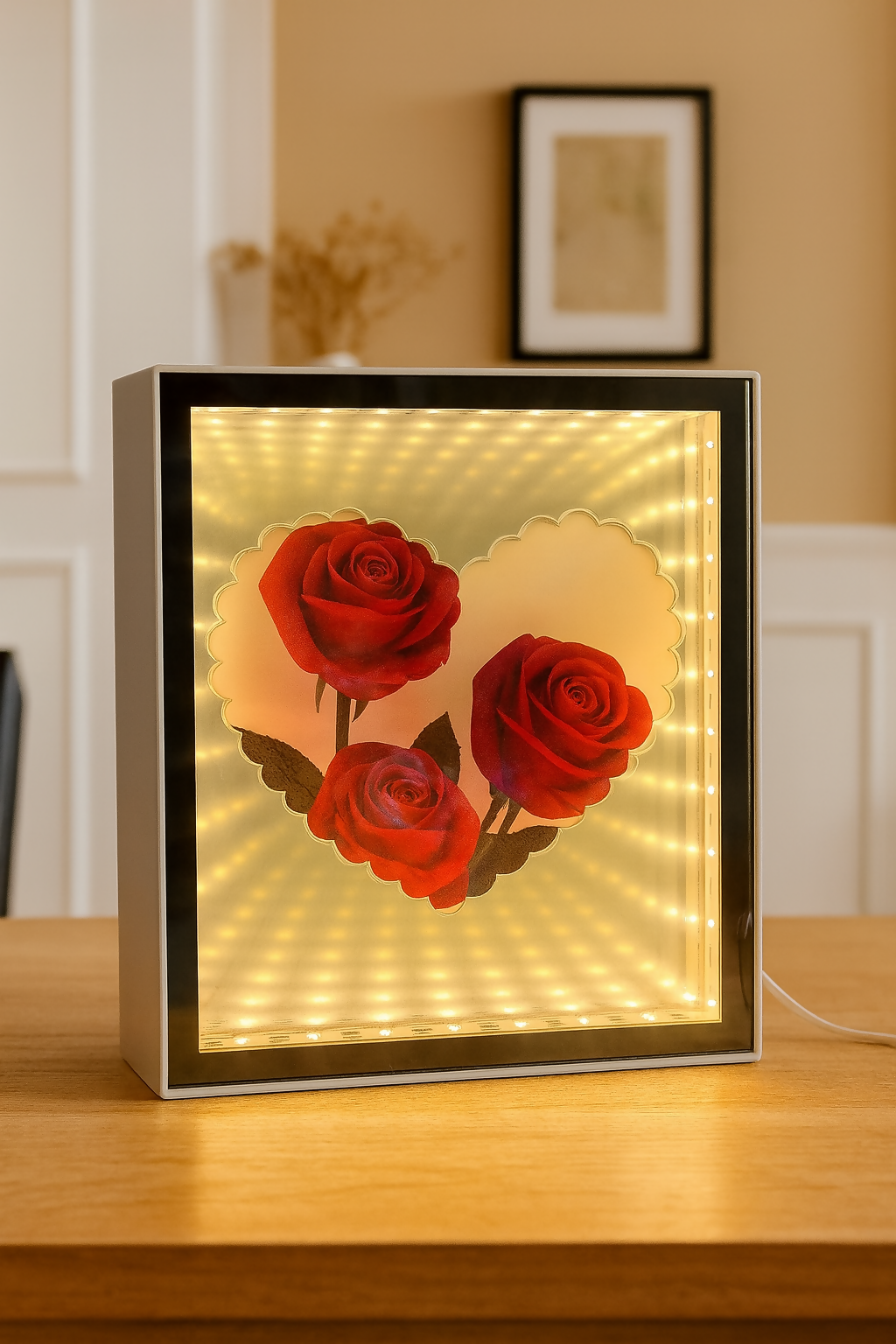 LED Rose Infinity Mirror Light Box | Romantic 3D LED Illusion Heart Shaped Rose Lamp | Decorative Tabletop Night Light for Bedroom, Living Room & Gifts | Valentine’s Day, Anniversary, Wedding, Home Décor