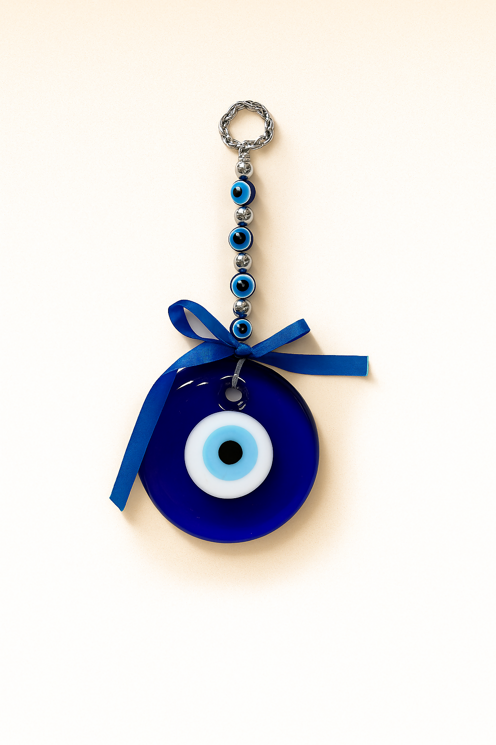 Handcrafted Blue Evil Eye Wall Hanging with Glass Beads and Satin Bow – Turkish Nazar Protection Charm for Home & Office Decor – Decorative Hanging Amulet for Positive Energy & Warding Off Negativity