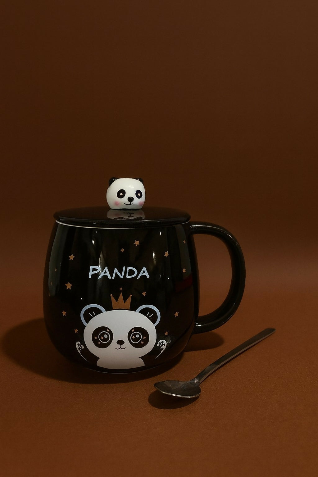 Black Panda Ceramic Mug with Lid & Spoon | Cute Cartoon Panda Coffee & Tea Cup | Large Capacity Milk Mug with Crown Panda Print | Gift Mug for Kids, Women & Panda Lovers