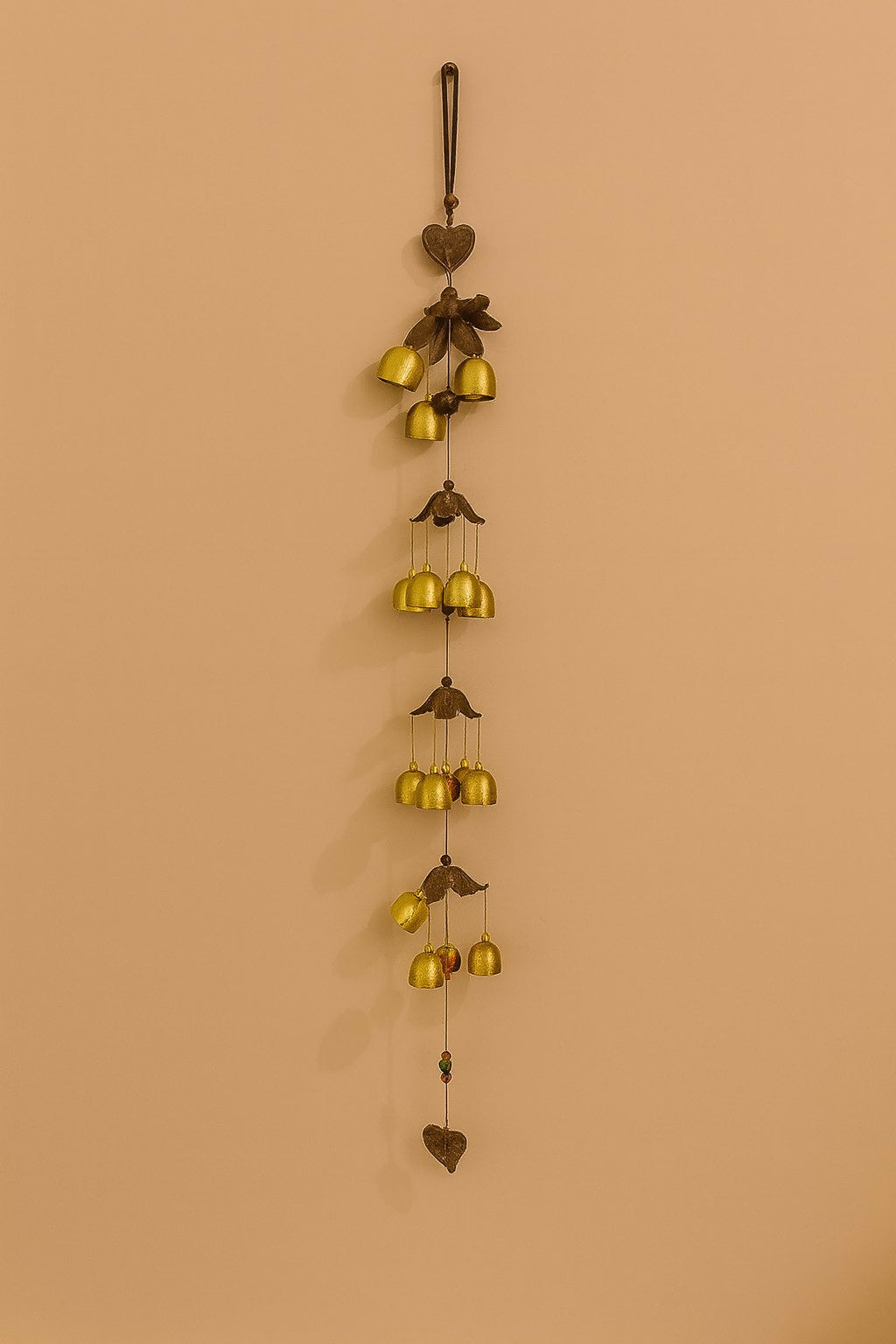 Handcrafted Brass Bell Wind Chime with Ethnic Leaf & Heart Motifs – Rustic Hanging Wind Bell for Home, Balcony, Garden, Door, Office & Spiritual Corners – 5 Tier Metal Chime for Positive Energy & Sound Therapy