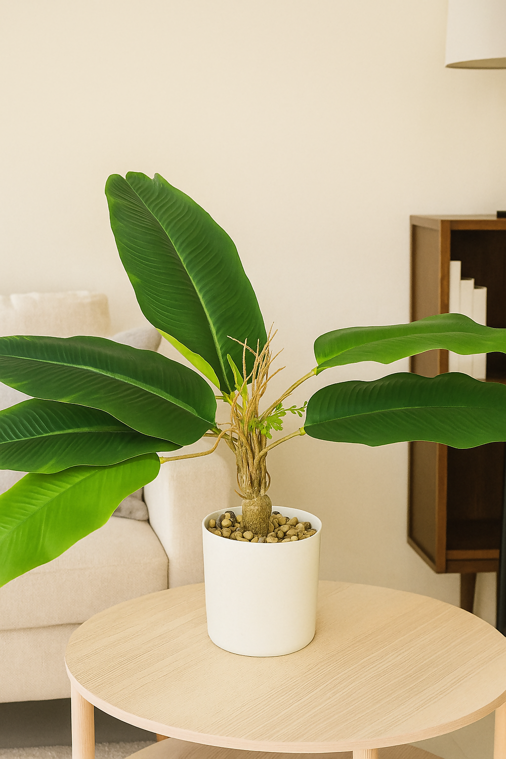 Artificial Banana Leaf Plant in White Ceramic Pot with Decorative Pebbles – Realistic Faux Greenery for Home, Office, or Living Room Decor – Low Maintenance Indoor Decorative Plant for Tabletop or Corner Display