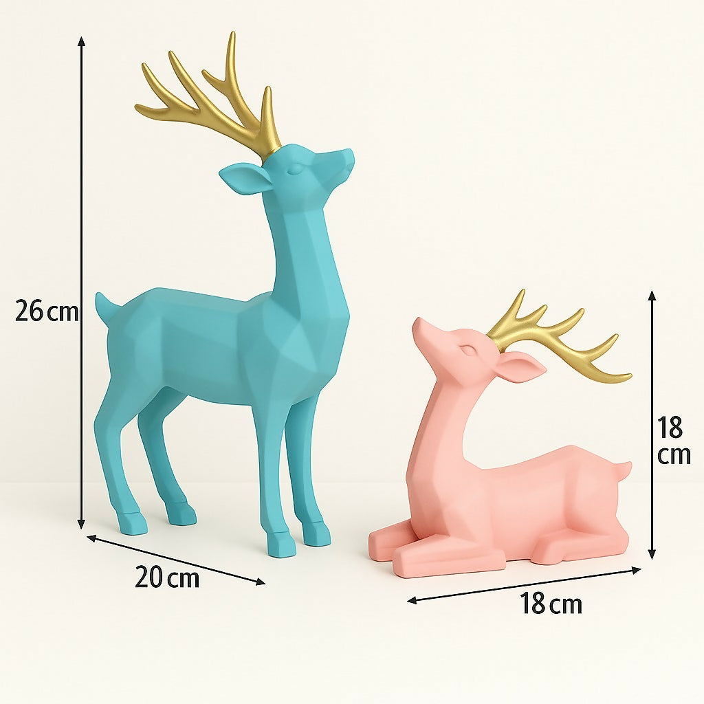 HOME DECOR Geometric Deer Couple Figurine Set – Blue & Pink Resin Decor with Golden Antlers