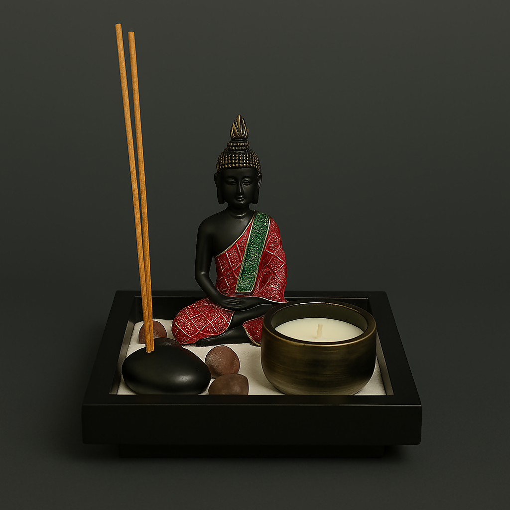 Zen Buddha Meditation Set with Candle & Incense Holder – Mini Sand Garden with Black Tray, Stones & Peaceful Decor – Ideal for Home, Office or Gifting
