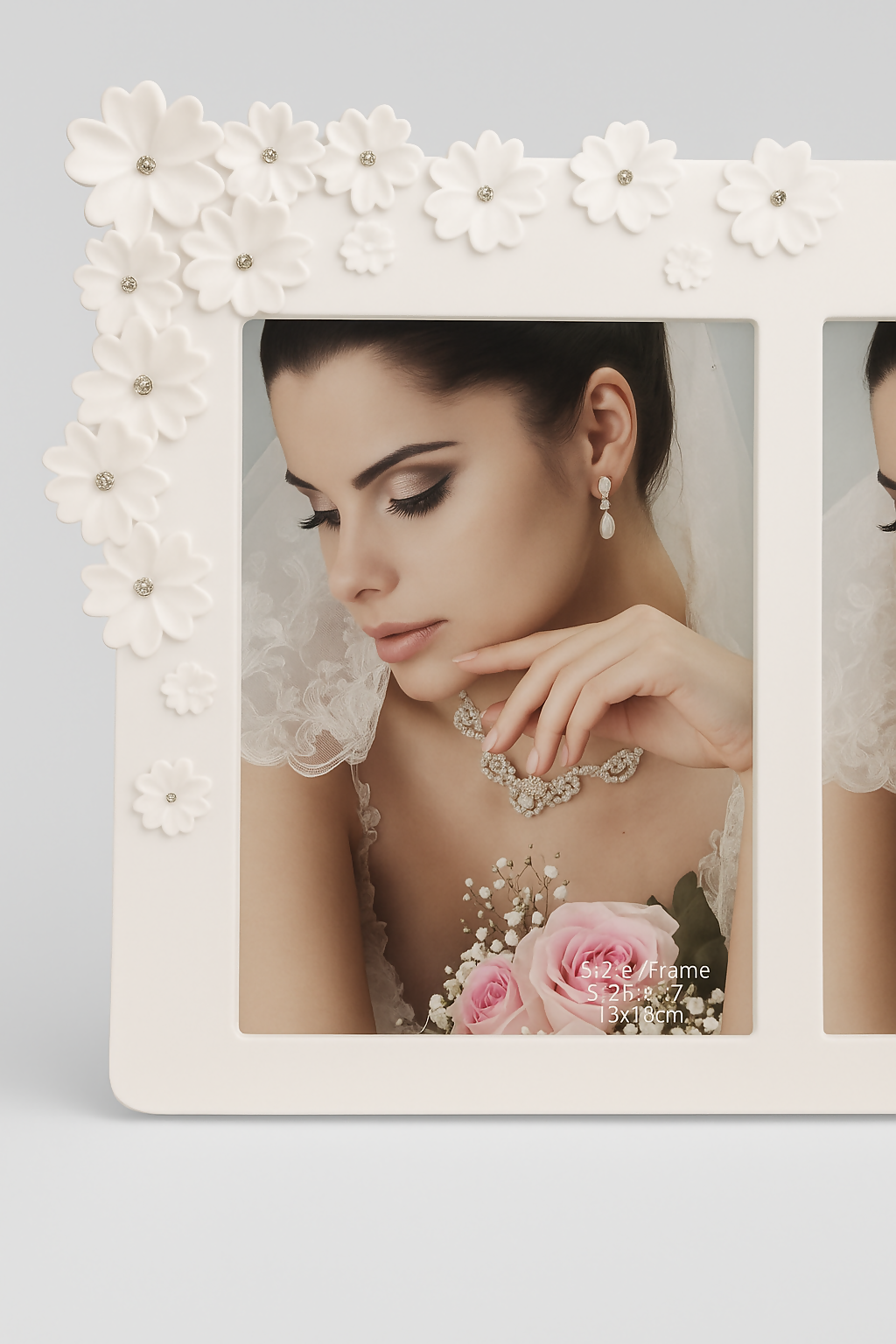 Elegant White Double Photo Frame with 3D Floral Embellishments and Crystal Accents – Romantic Twin Picture Holder for Wedding, Anniversary, or Bedroom Décor