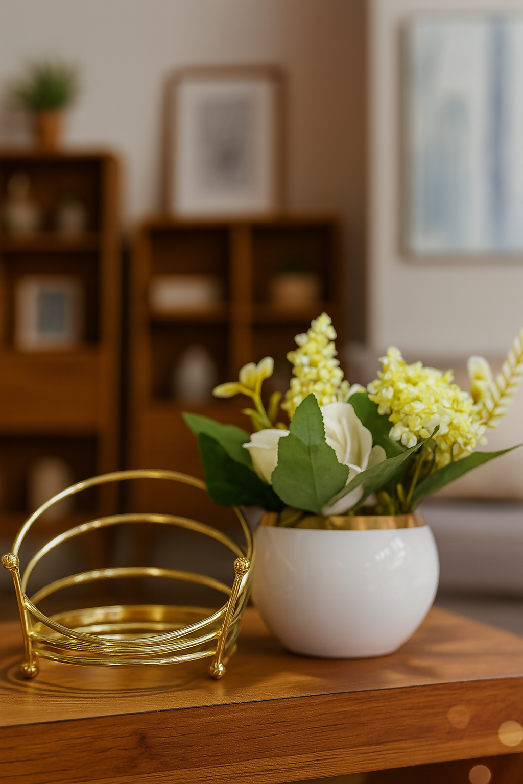 Elegant Artificial White Rose & Yellow Flower Arrangement in White Ceramic Pot with Golden Metal Stand – Faux Floral Centerpiece for Home, Office, Tabletop & Gifting