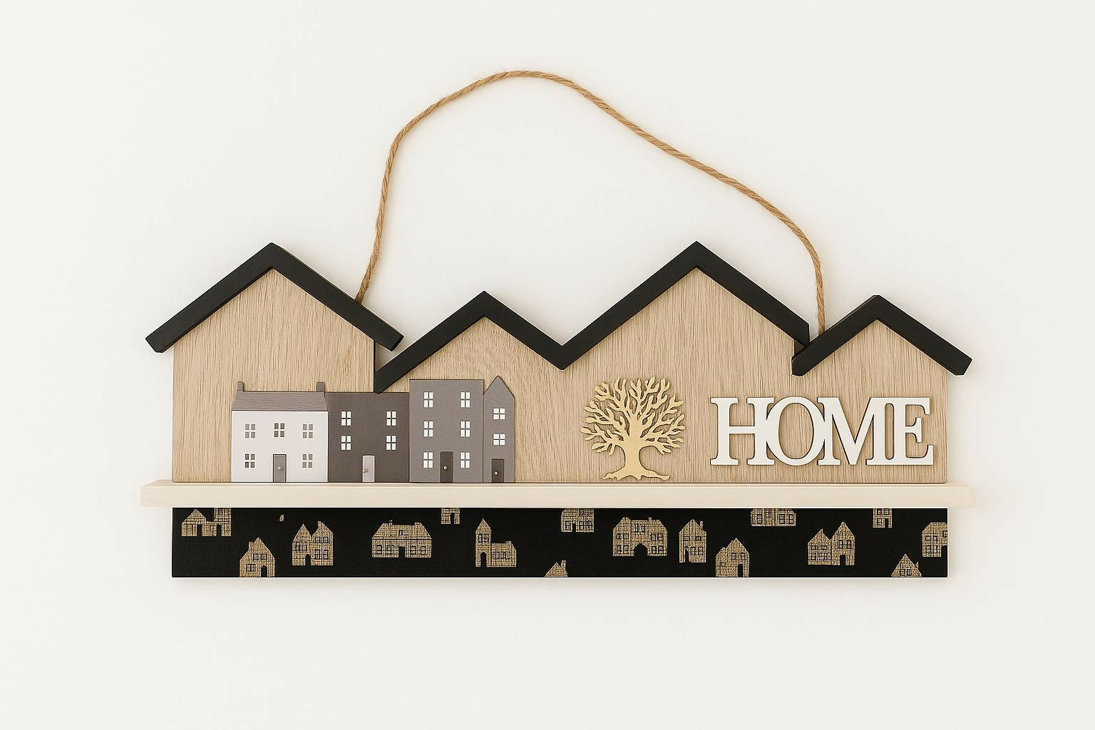 Wooden Home Wall Hanging keystand Decor with Miniature House Design and Rope Handle – Decorative Shelf Art with 3D Tree and 'HOME' Letters, Ideal for Living Room, Entryway, or Farmhouse Style Interiors