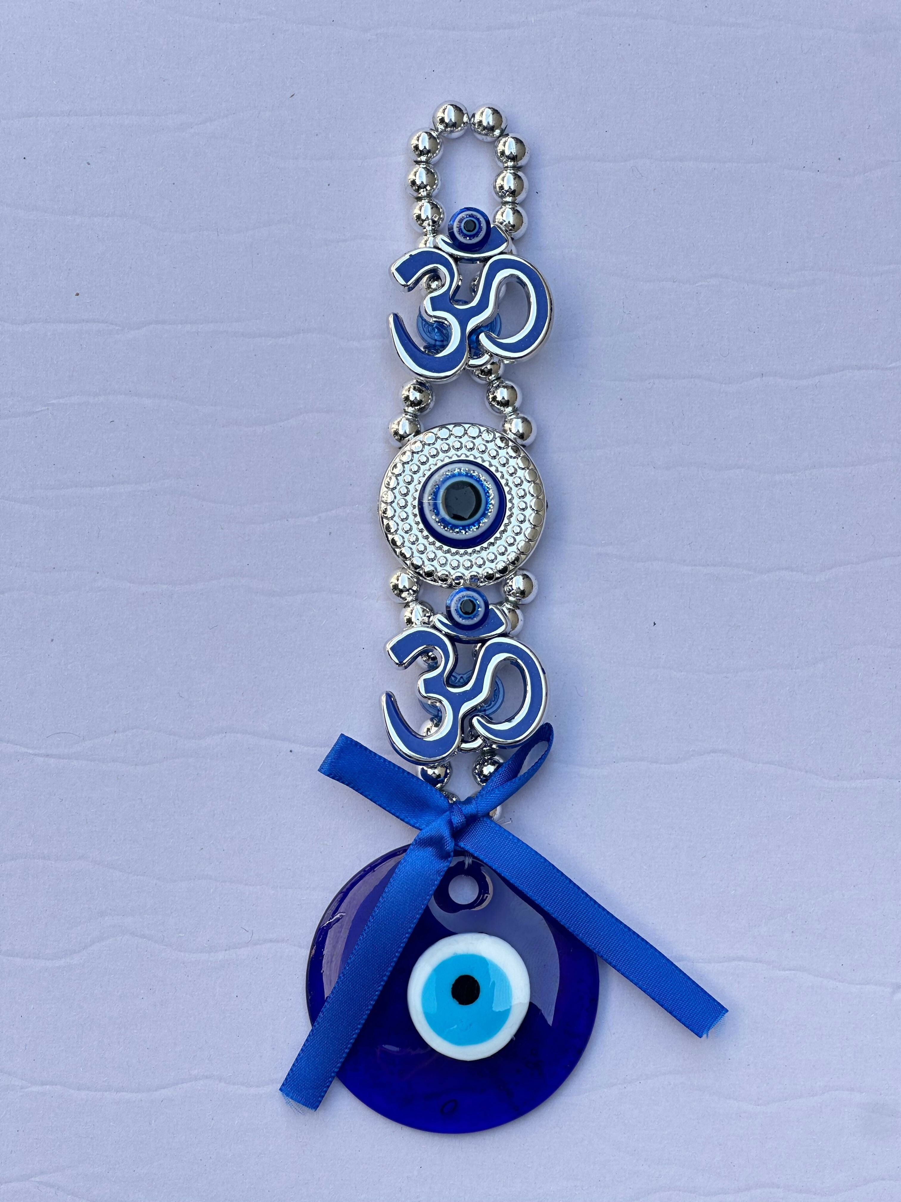 Evil Eye & Om Wall Hanging – Blue Nazar Protection Charm with Decorative Beads and Ribbon