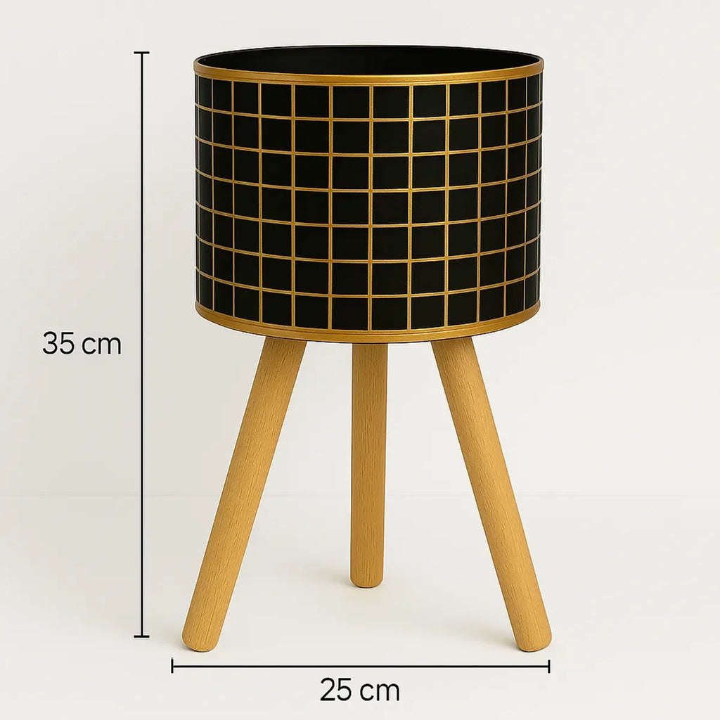 HOME DECOR Set of 3 Modern Black & Gold Grid Planters with Wooden Stands – Decorative Metal Plant Pots