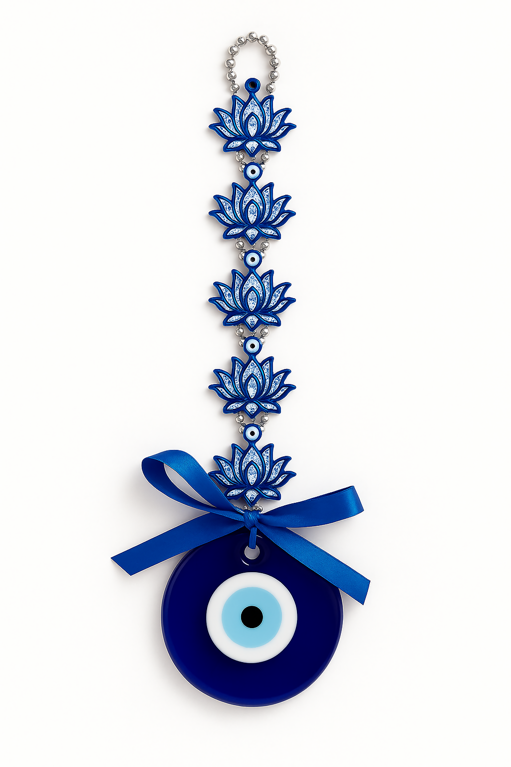 Blue Evil Eye Hanging with Lotus Motif and Decorative Bow – Nazar Protection Charm for Home Entrance, Office, or Car – Spiritual Vastu Decorative Amulet for Positive Energy & Good Luck