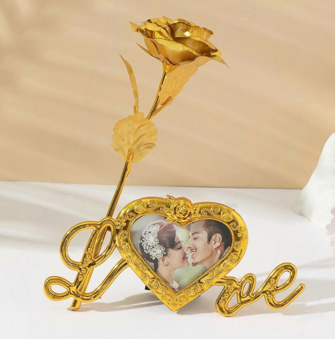Romantic Golden Rose with Heart-Shaped Photo Frame – Decorative ‘Love’ Showpiece for Couples, Anniversary & Valentine Gifts – Elegant Metal Rose Figurine with Picture Holder for Home or Table Decor