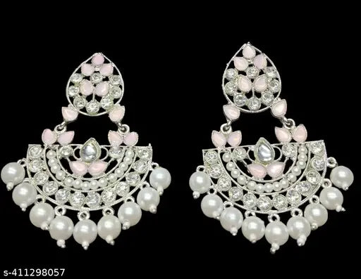 Silver Plated Traditional Handcrafted Pearl Kundan Beaded Chandbali Earrings for Women/Girls