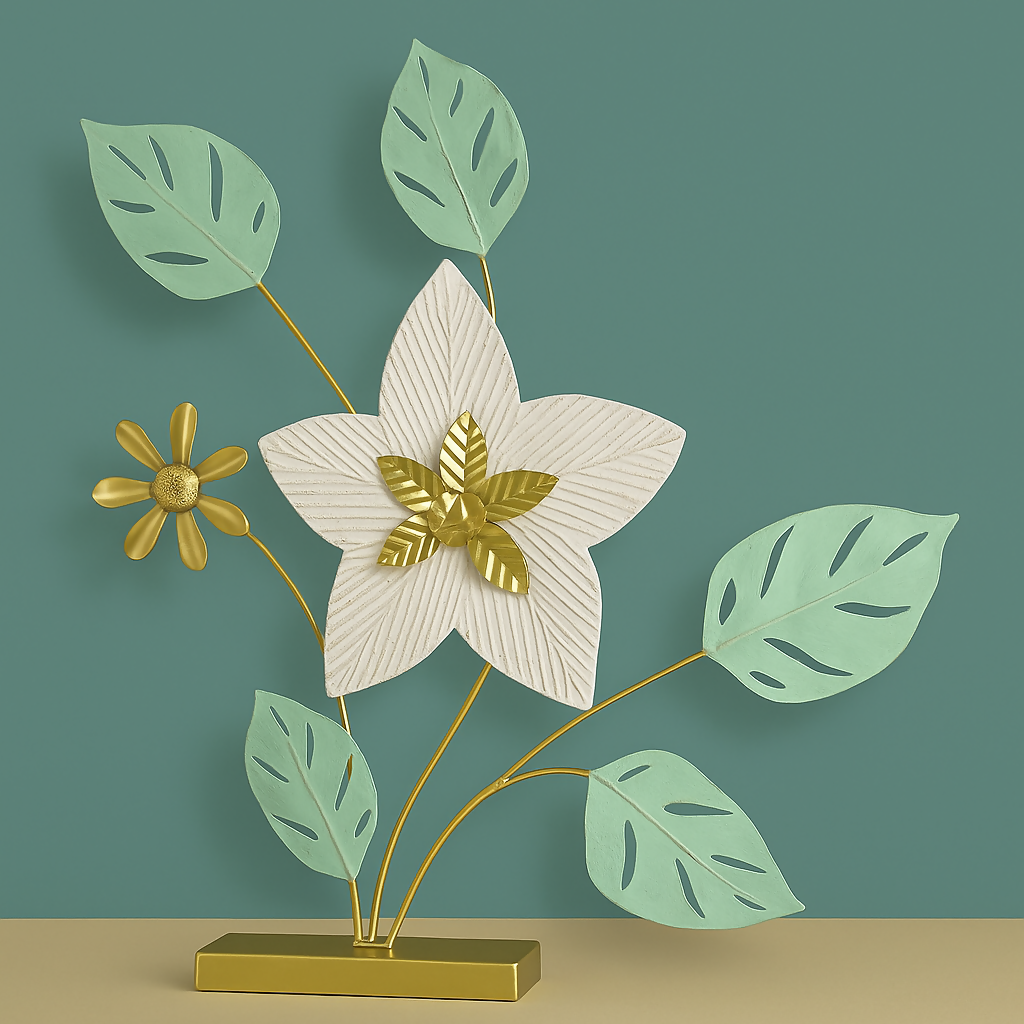 HOME DECOR Elegant Metal Flower Table Decor – Gold & Green Leafy Floral Sculpture for Home