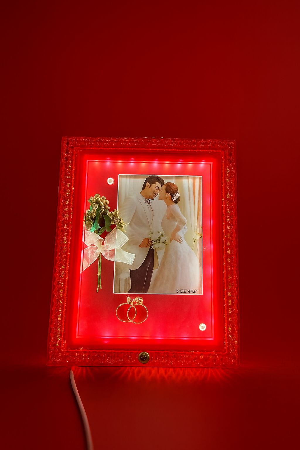 LED Light Wedding Photo Frame for Home Décor | Romantic Red Glow Picture Frame with Decorative Flowers & Rings | 4x6 Inch Couple Photo Frame | Anniversary, Valentine Gift, Bedroom & Living Room Decoration