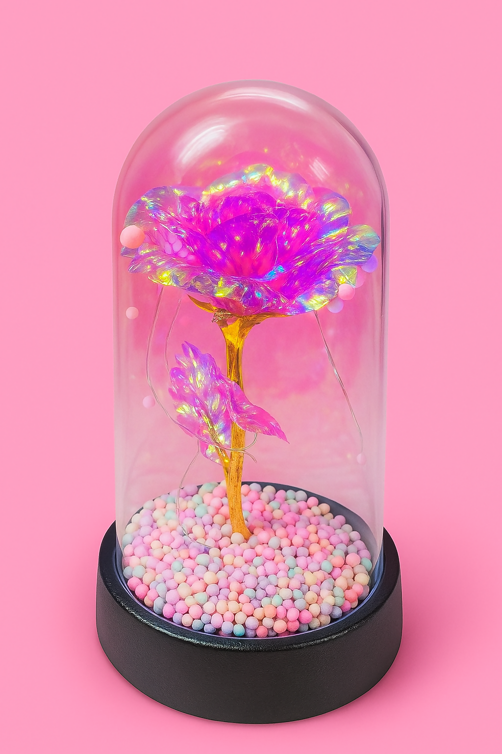 LED Eternal Rose Dome Light – Romantic Multicolor Artificial Flower in Glass Dome with Pastel Beads | Decorative Gift for Anniversary, Valentine's Day, Birthday, Home & Room Decor