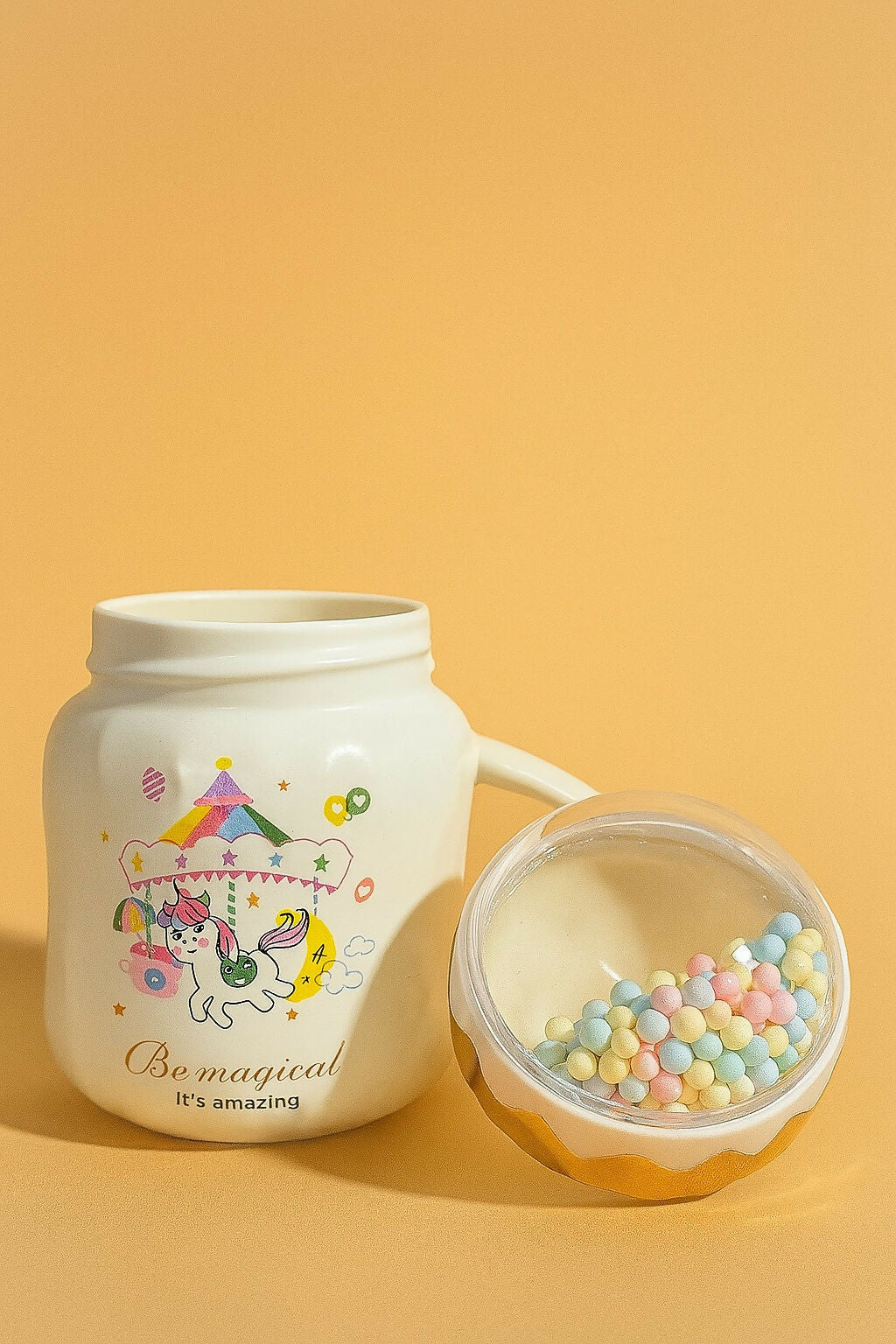 Cute Unicorn Ceramic Mug with Dome Lid – Comfortable “Happy Life” Cartoon Coffee Mug for Kids & Girls – Adorable Gift Cup with Golden Crown Accent and Pastel Decorative Beads