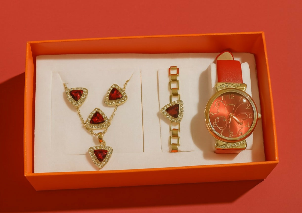 Elegant Women’s Red & Gold Gift Set with Designer Necklace, Bracelet, Earrings, and Stylish Analog Watch | 4-in-1 Jewelry & Watch Combo in Premium Orange Box for Birthday, Anniversary, and Festive Gifting