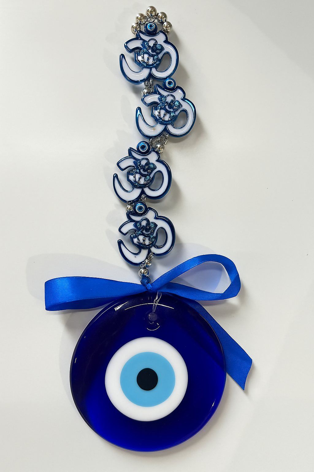 Evil Eye Wall Hanging with Blue Om Charms and Ribbon – Nazar Battu Decorative Amulet for Positive Energy, Protection & Spiritual Vibes – Home/Office Door Hanging Gift for Housewarming or Festive Décor