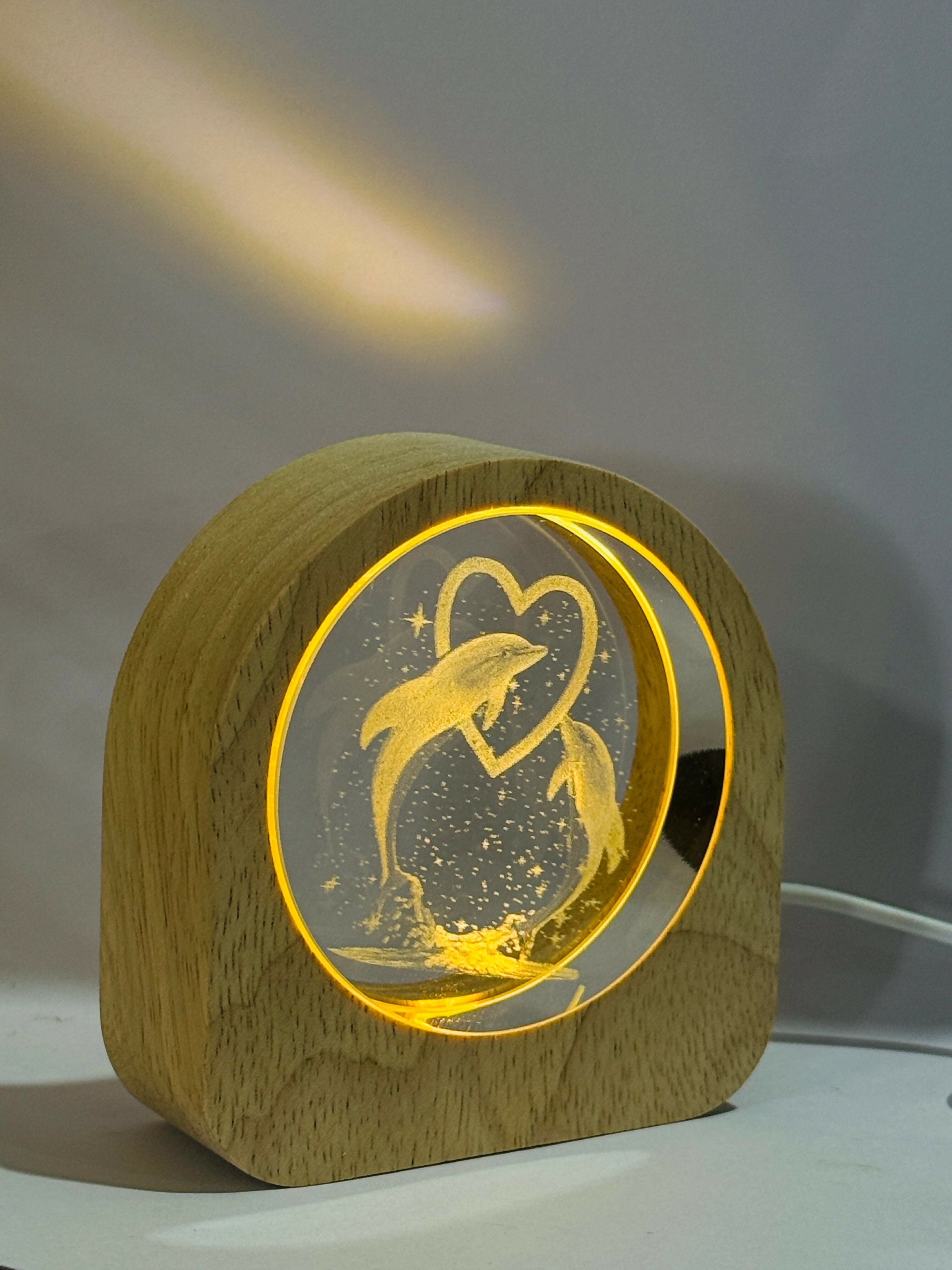 Romantic Dolphin Couple 3D Crystal Glass Night Lamp with Wooden Frame – LED Touch Light with Warm Yellow Glow | USB Powered Table Lamp for Bedroom, Couple Gift, Home Decor & Anniversary Present