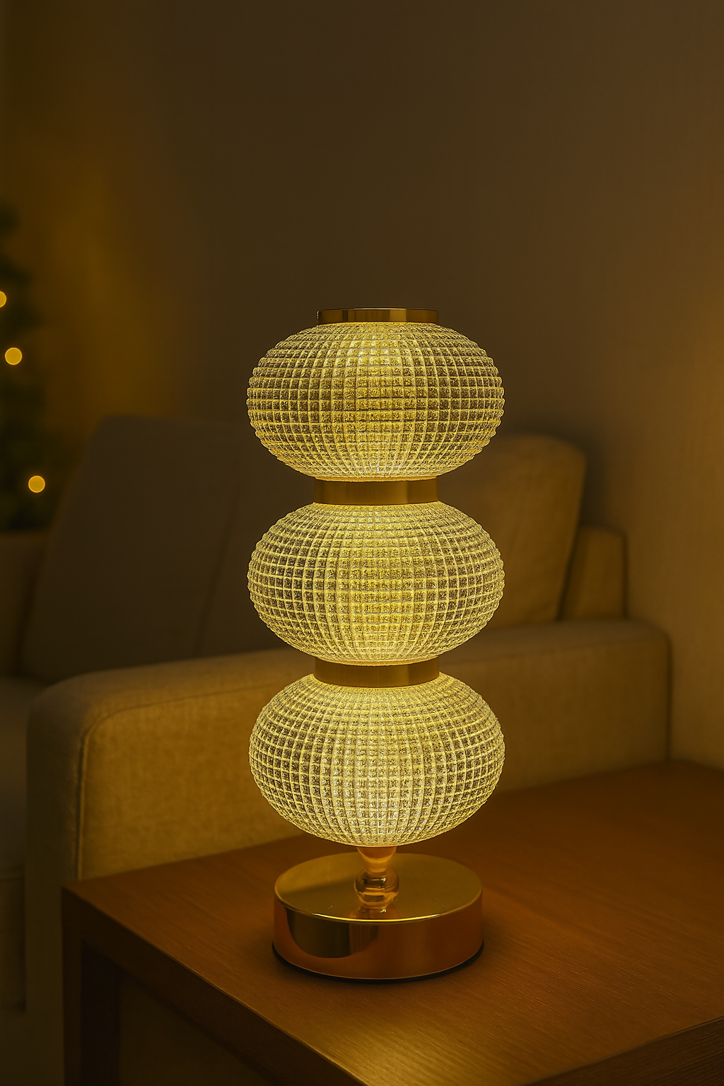 HOME DECOR Luxury Triple Globe Glass Table Lamp with Golden Base | Modern Crystal Grid Design Night Lamp for Living Room, Bedroom, or Office | Ambient Bedside Light Decor