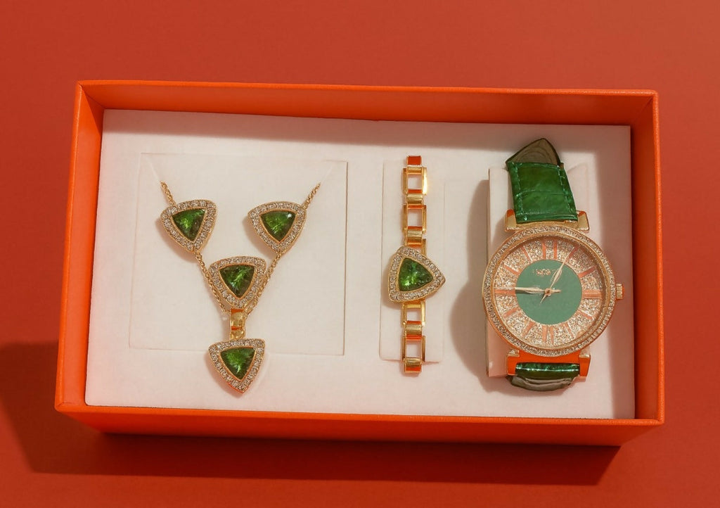 Elegant Women’s Green & Gold Jewelry Gift Set with Necklace, Bracelet, Earrings, and Designer Analog Watch | 4-in-1 Fashion Combo in Luxury Box for Birthday, Anniversary & Festive Gifting