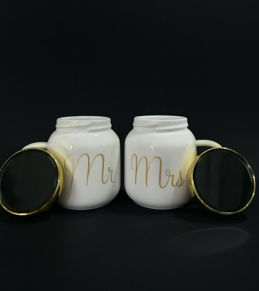Mr and Mrs Ceramic Mug Set with Golden Lids – White Couple Coffee Mugs in Gift Box – Romantic His and Her Tea Cups by Fishon Ceramics – Wedding Anniversary Engagement Gift Set