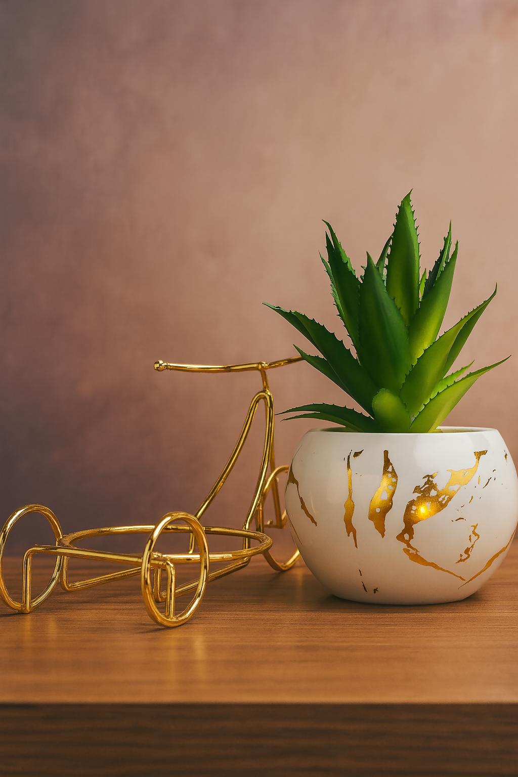 Golden Cycle-Shaped Planter Stand with White Ceramic Pot & Artificial Succulent | Stylish Tabletop Plant Decor for Home, Office, and Gifting | Miniature Bike Planter Showpiece