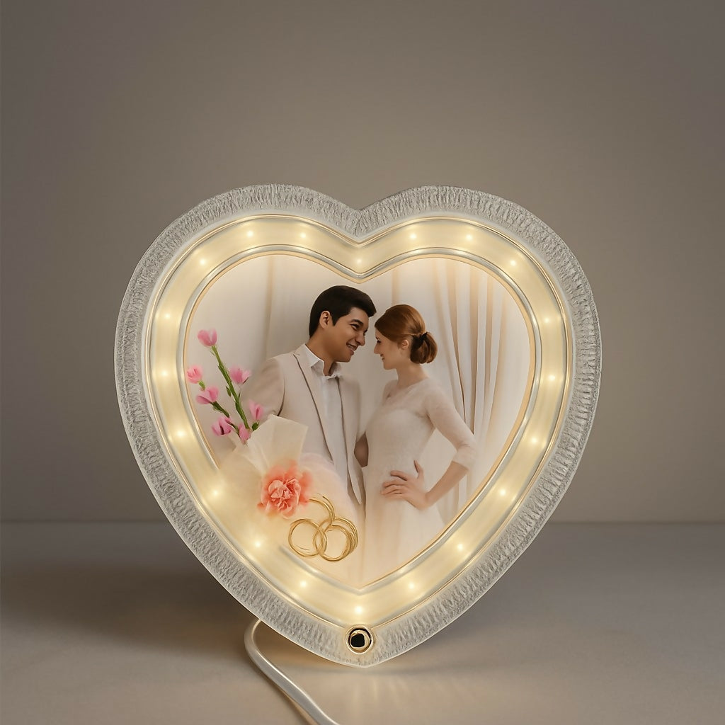 Heart Shape LED Wedding Photo Frame Lamp | Romantic Couple Night Light with Customized Picture | Anniversary, Valentine’s Day, Bedroom Decorative Table Lamp & Gift for Husband Wife
