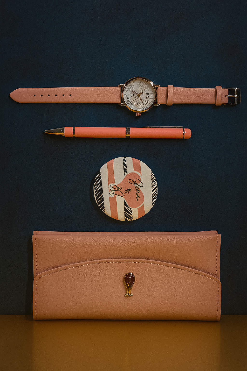 Elegant Women’s Gift Set with Light Pink Watch, Wallet, Pen, and Mirror – 4-in-1 Luxury Combo in Satin-Lined Orange Box – Ideal for Birthday, Anniversary, , and Festive Gifting