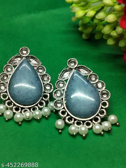Oxidised Grey Colored Oval Shaped Earrings With Pearl Hangings