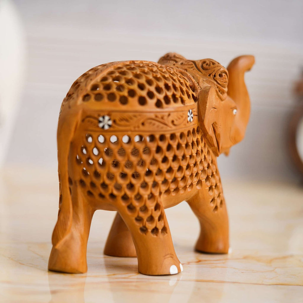 Rajasthani Tribal Handmade Brown " Elephant " Figured Wooden Statue Antique Design Elephant for Showpiece with Brown Colour