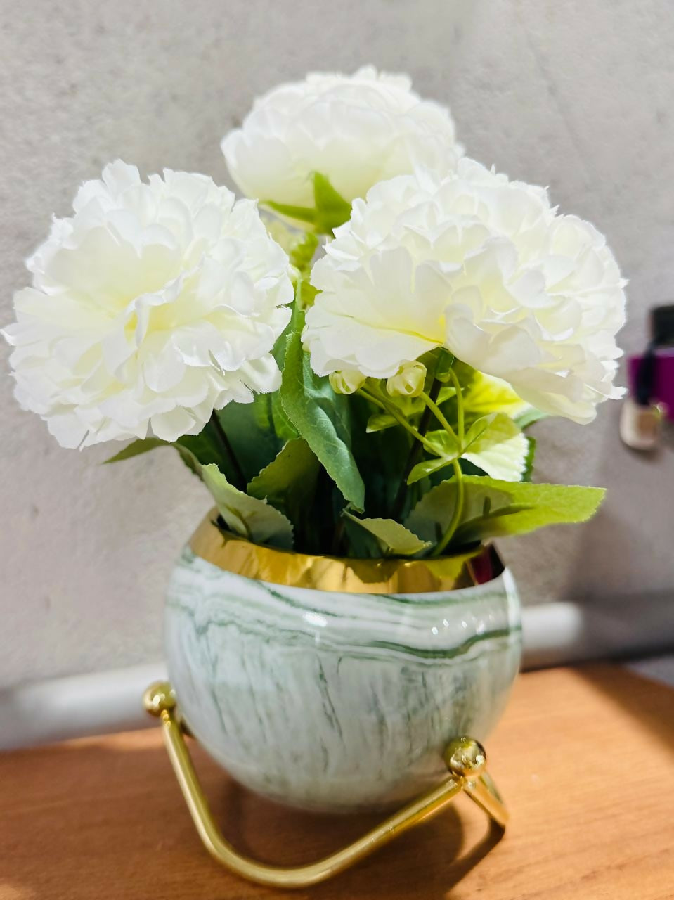 Luxury Artificial White Peony Flower Arrangement in Marble Finish Ceramic Pot with Gold Rim – Elegant Home Décor Table Centerpiece with Metal Stand for Living Room, Office, and Gifting