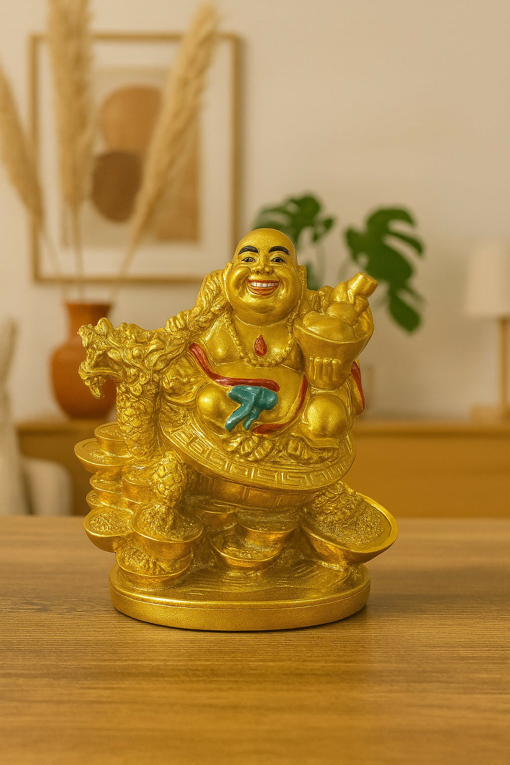 Golden Laughing Buddha Idol Sitting on Dragon Turtle with Wealth Coins – Feng Shui Resin Statue for Luck, Prosperity & Protection – Home & Office Decor Showpiece