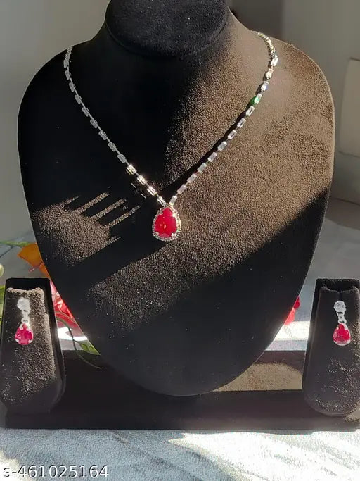 Partywear Diamond Necklace earring Set With Red Stone