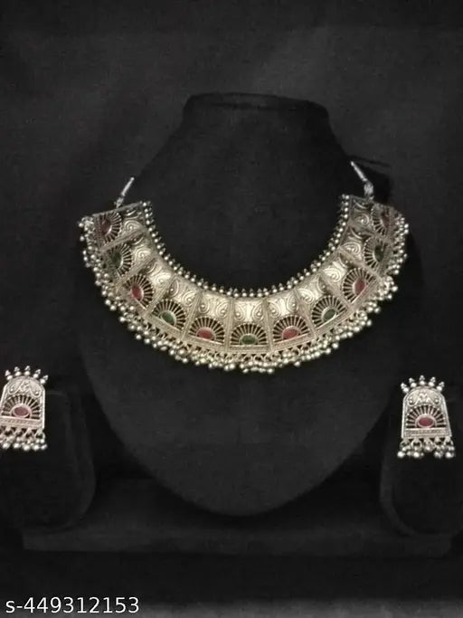 Oxidised Necklace Earring ChokarSet With Red And Green Stone