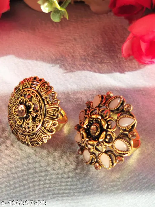 Combo of 2 Weddingwear Gold Plated Traditional FingerRings With Different Colour Stones