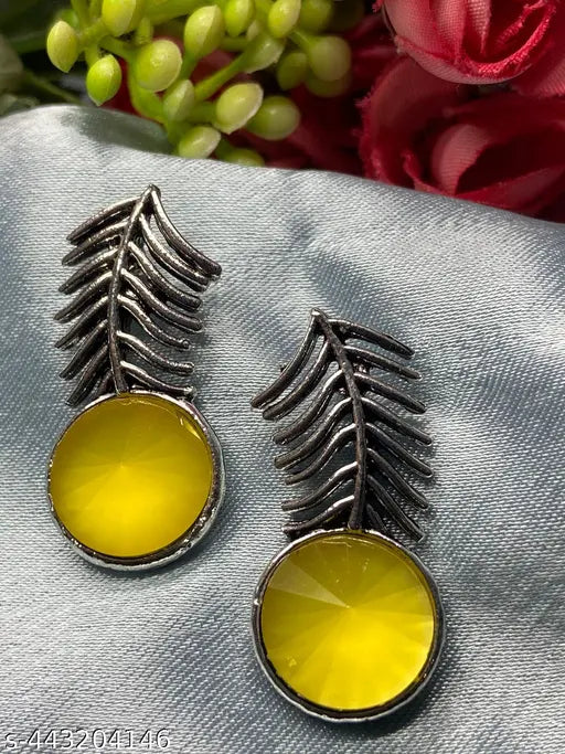 Oxidised Leafshaped Earrings With Different Coloured Stone