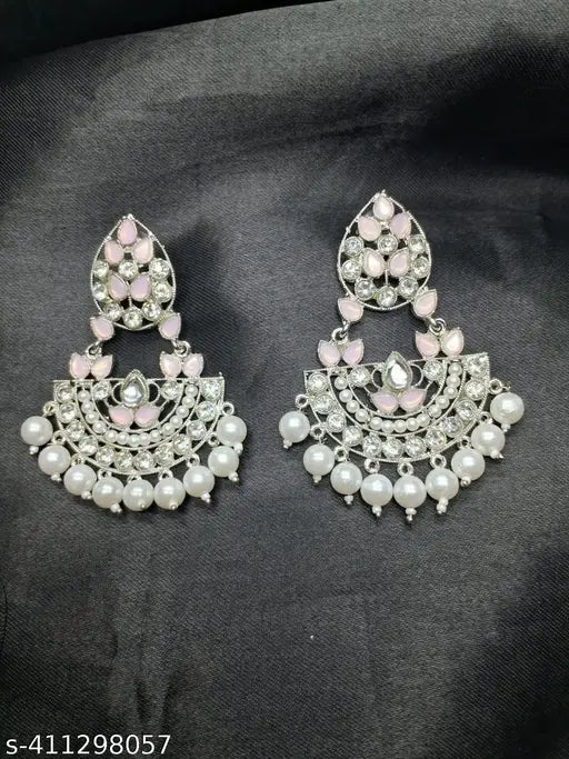 Silver Plated Traditional Handcrafted Pearl Kundan Beaded Chandbali Earrings for Women/Girls