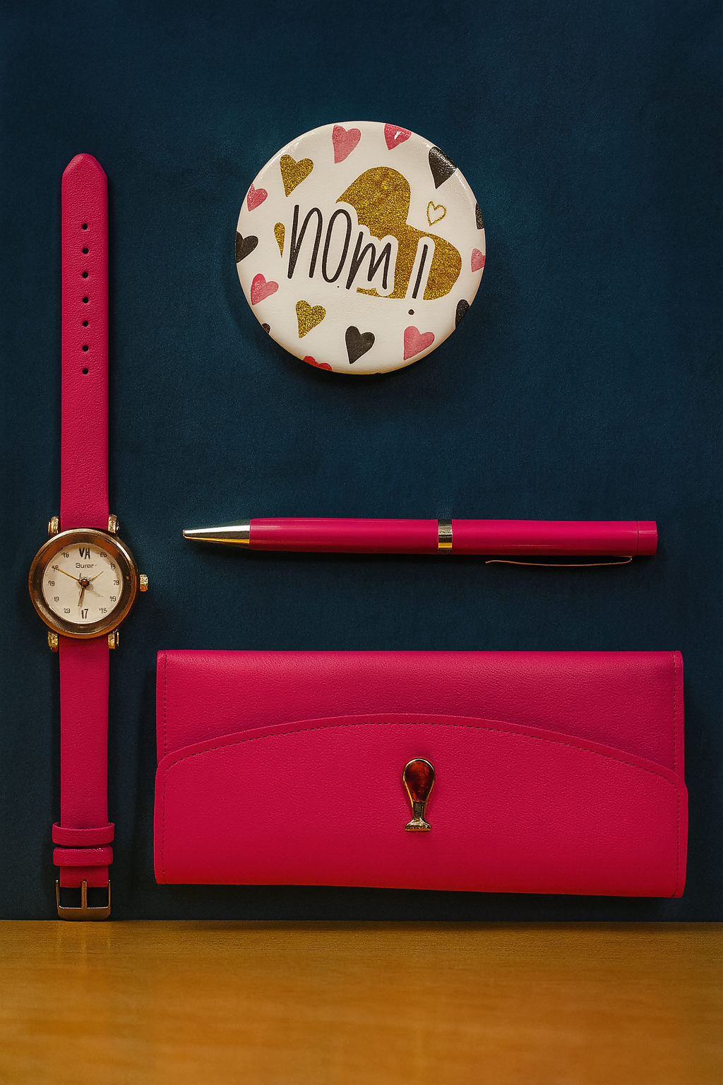 Luxury Women’s Gift Set with Watch, Wallet, Pen, and Mirror – Stylish Pink Combo in Premium Orange Box for Birthday, Anniversary, Valentine’s Day, Festive Gifting