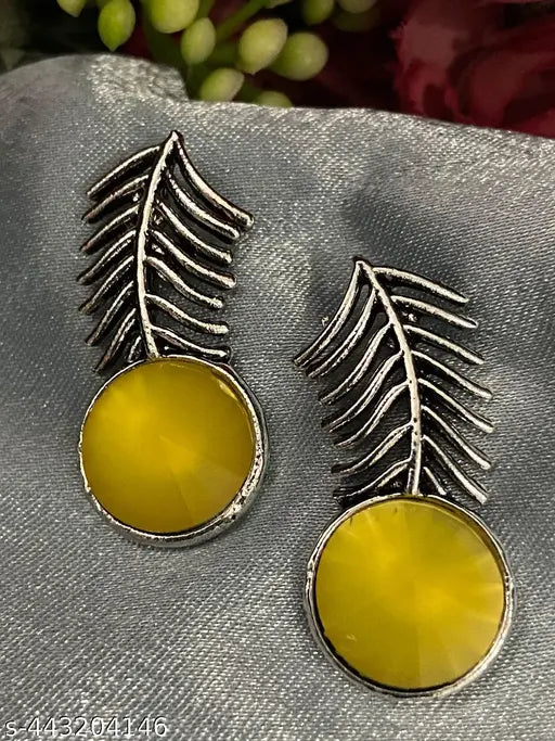 Oxidised Leafshaped Earrings With Different Coloured Stone