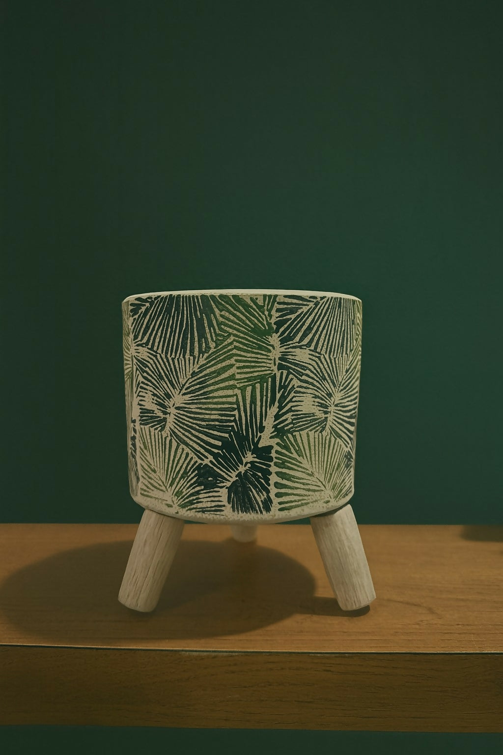 Mini Ceramic Planter Pot with Wooden Stand – Tropical Leaf Pattern Indoor Plant Pot for Succulents, Cacti & Herbs – Boho Decorative Pot for Home, Office, or Tabletop Decor – Handheld Size