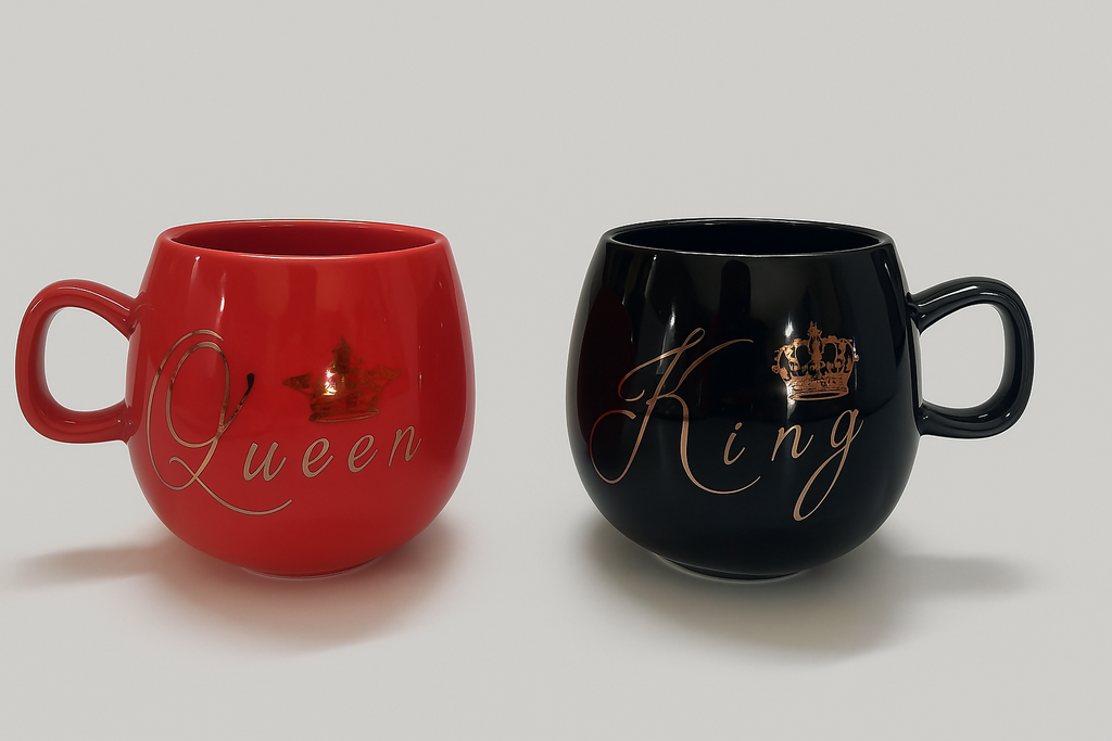 King & Queen Ceramic Mug Set – Elegant Crown Design Coffee Cups for Couples, Valentine’s Day, Anniversary, Wedding or Engagement Gift – Black & Red Glossy Finish (Set of 2, 350ml Each