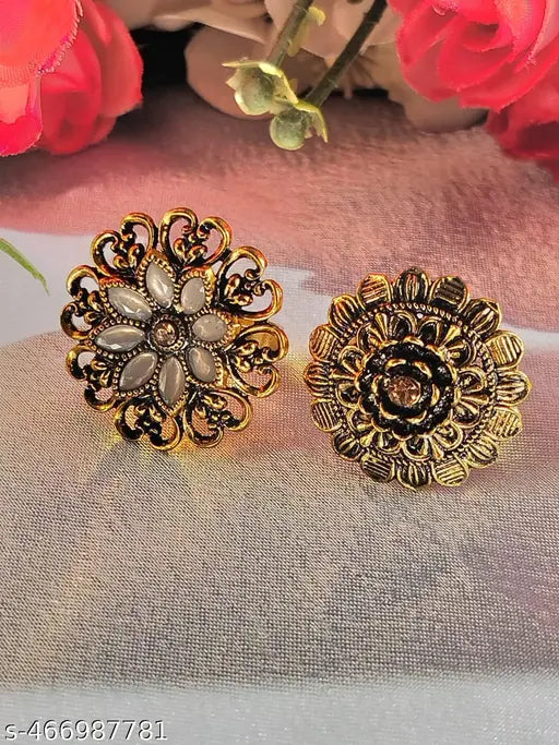 Combo of 2 Weddingwear Gold Plated Traditional FingerRings With Different Colour Stones