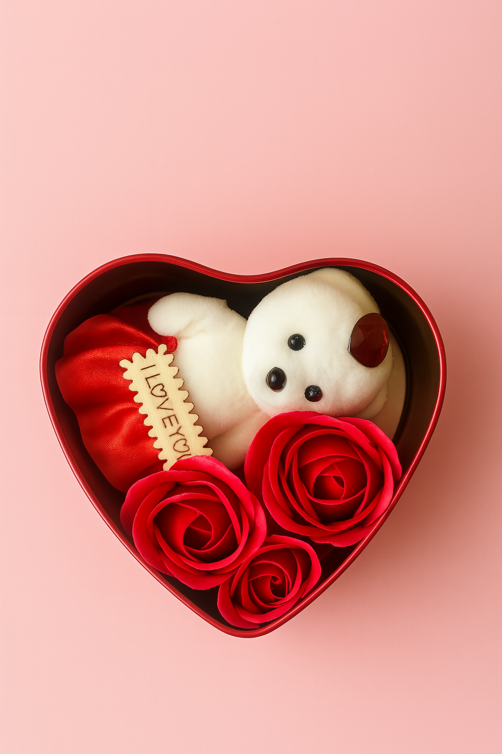 Romantic Heart-Shaped Gift Box with Teddy Bear, Artificial Roses & “I Love You” Wooden Tag – Red Valentine Gift Hamper for Girlfriend, Wife, Anniversary or Birthday – Cute Love Decorative Gift Pack