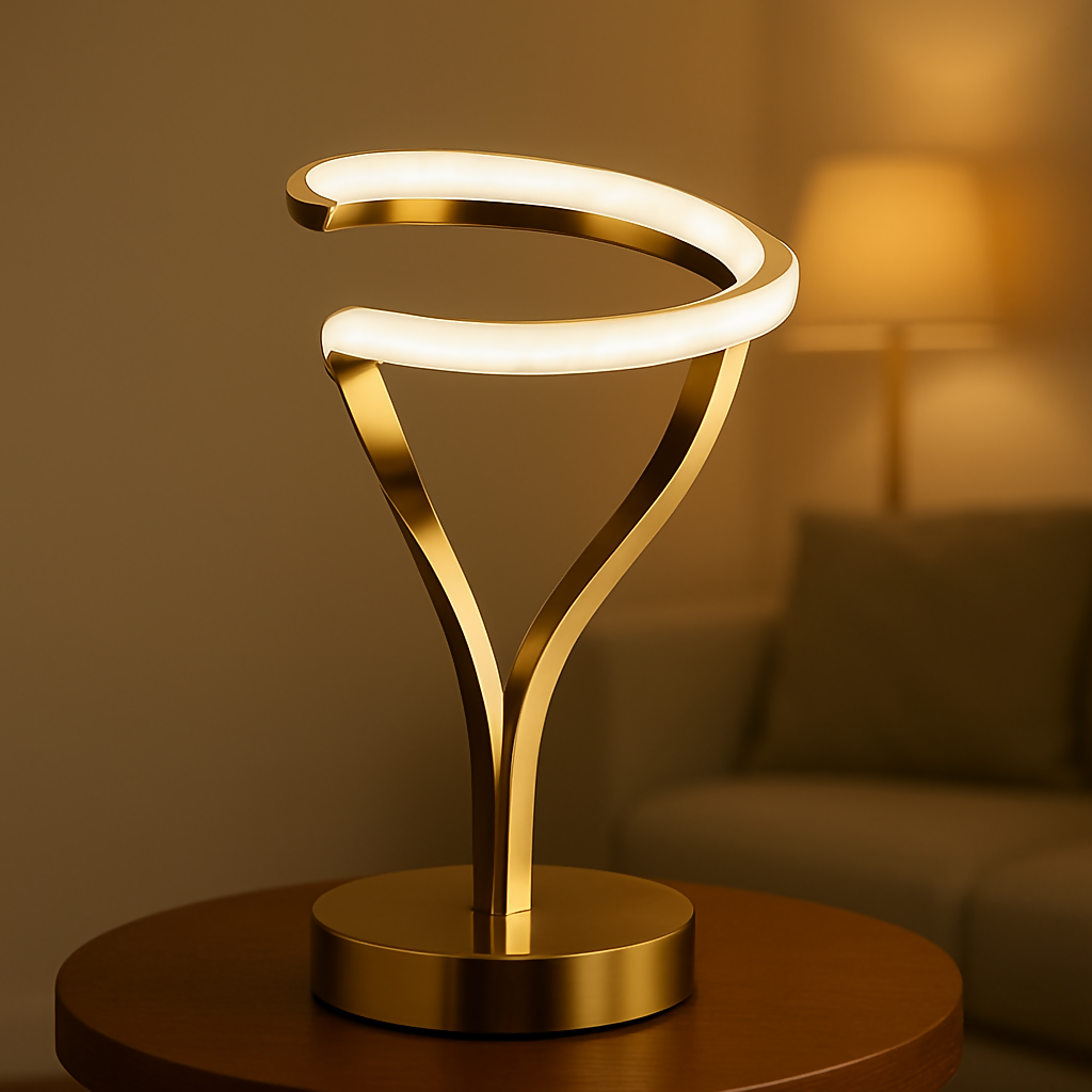 HOME DECOR Premium Golden LED Spiral Table Lamp for Living Room, Bedroom, Office – Modern Touch Control Ambient Light with Artistic Loop Design and Warm White Glow