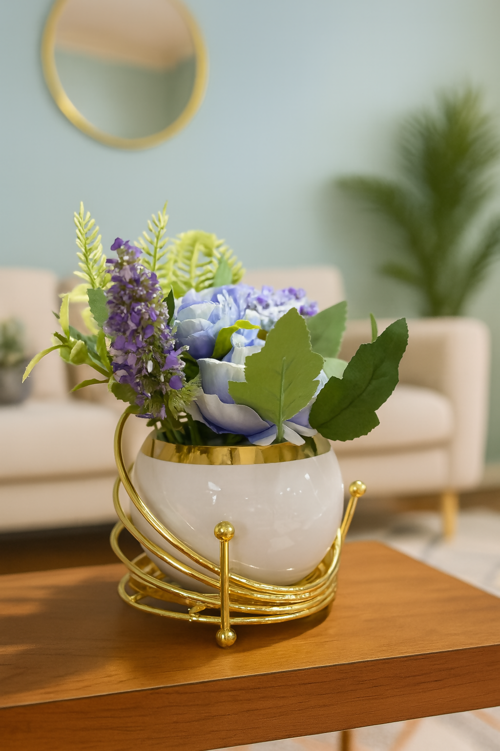 Luxury Artificial Blue & Purple Flower Arrangement in White Ceramic Pot with Spiral Golden Metal Stand – Decorative Faux Floral Centerpiece for Home, Office, Tabletop & Gifting