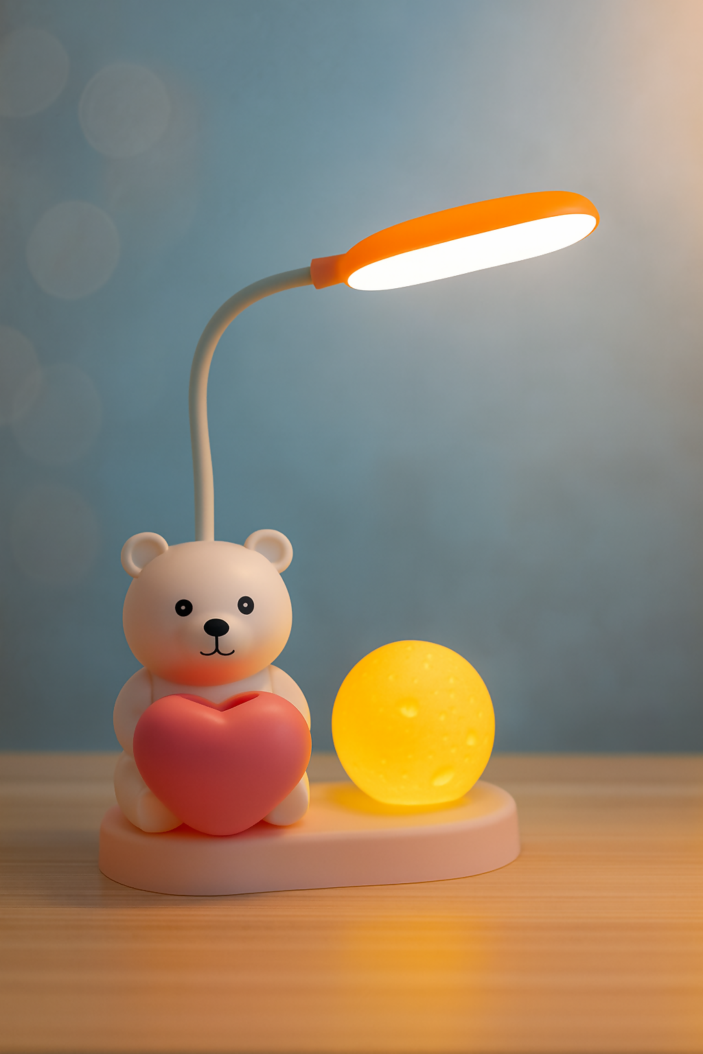 Adorable Bear Night Lamp with Heart & Moon Light – USB Rechargeable LED Desk Lamp for Kids, 3+ Ages, Flexible 360° Hose, Dual Lighting Modes (Night Light & Floodlight), Colorful Ambient Lighting