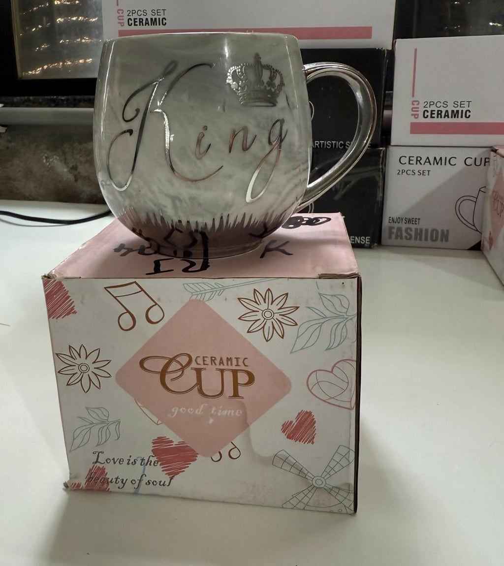 Luxury Grey Marble “King” Ceramic Coffee Mug with Crown Print & Golden Handle – Elegant Tea & Coffee Cup Gift for Husband, Boyfriend, Dad – Perfect for Birthday, Anniversary, Valentine’s Day & Special Occasions