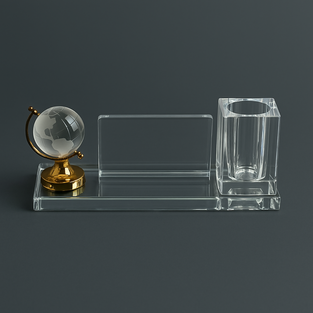 Premium Glass Desktop Organizer Set with Crystal Globe, Card Holder & Pen Stand – Elegant Office Table Décor & Gift Item