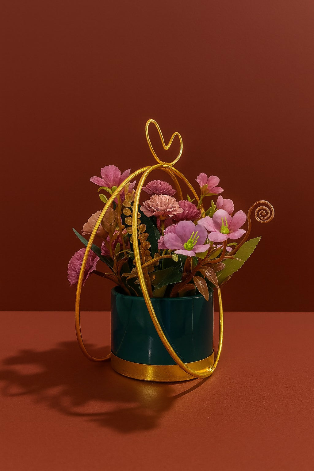 Golden Triangle Frame Flower Stand with Artificial Peach & Pink Blooms in Glossy Dark Green Pot – Elegant Tabletop Floral Arrangement for Home, Office & Gift Décor